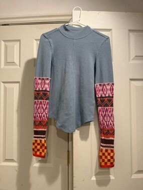 Free People Light Blue Knit Top with Patterned Long Sleeves